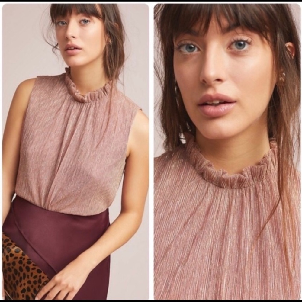 Anthropologie Rose Metallic Mock Ruffle Neck Sleeveless Top